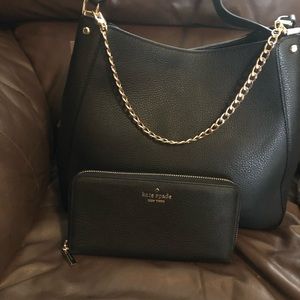 Kate spade black Leila 3 compartment purse, large accordion wallet & purse chain
